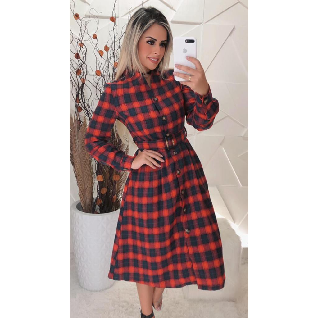 Vestido Chamis Moda Femininas Casaco Xadrez Com Cinto Botão - Escorrega ...