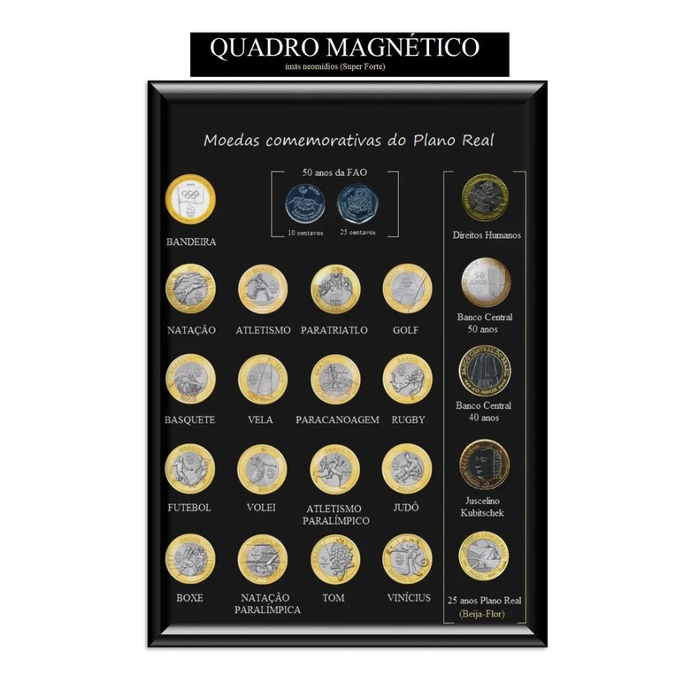 Quadro Expositor Magnético ímãs Coleção moeda dos direitos humanos DH entrega da bandeira Coleção das olimpiadas rio 2016 Juscelino Kubitscheck JK Casal FAO Banco central 50 e 40 anos Beija FLor comemorativa 25 anos do plano real para Colecionadores