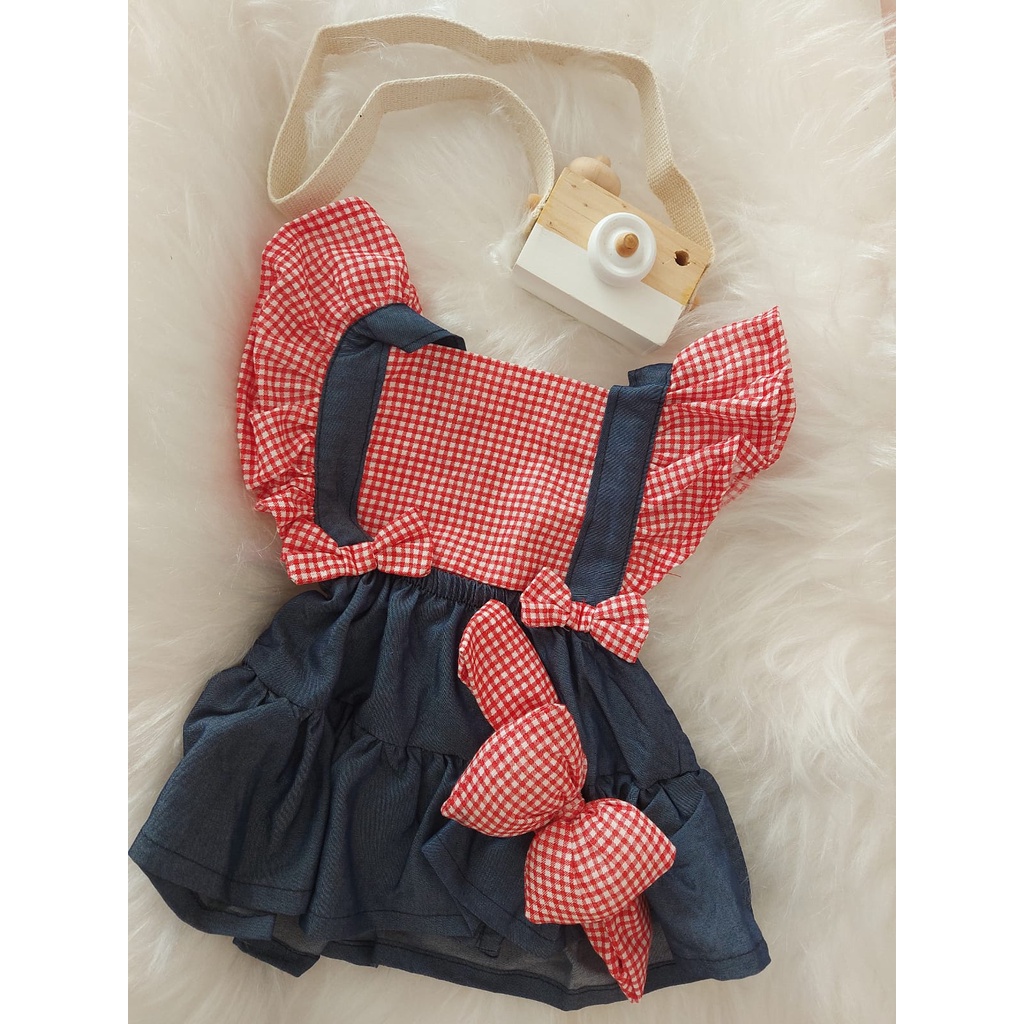 Jardineira Romper saia Vestido Junina Romper Bebê Xadrez Jeans Festa Caipirinha-PROMOCAO -Tamanho Único 04 meses a 18 meses