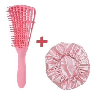 Kit Escova Pente Polvo Desembaraça + Touca De Cetim Antifrizz Cabelos Cacheados Liso Ondulados Crespos Ideal Para Dormir