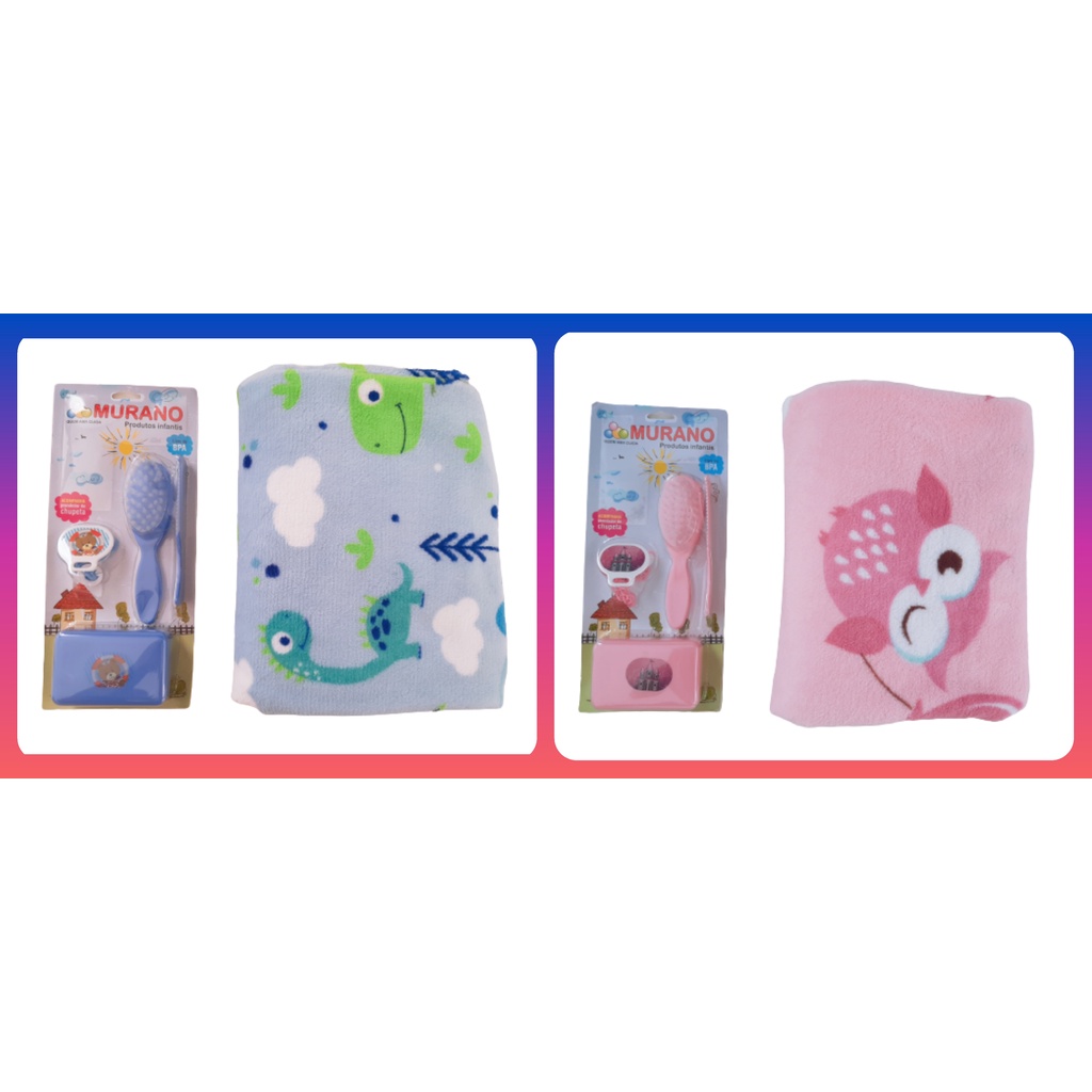 KIT 5 PEÇAS -  SABONETEIRA + PRENDEDOR DE CHUPETA + ESCOVA + PENTE E MANTA FOFINHA PARA BEBÊS RECÉM NASCIDOS.
