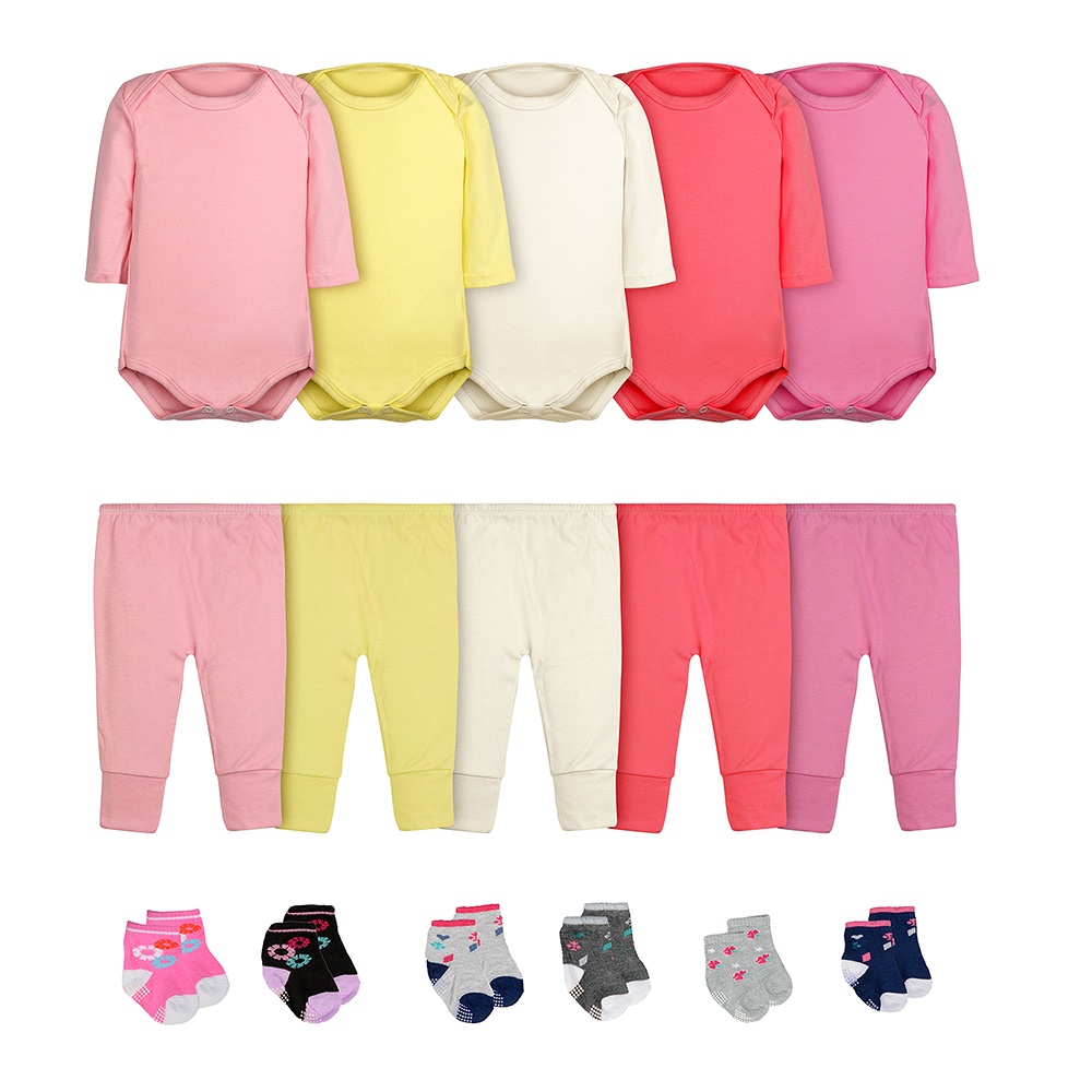 Body Bebê Calça Mijão e Meias Kit 16 Peças Manga Longa Feminino Roupinha de Bebê