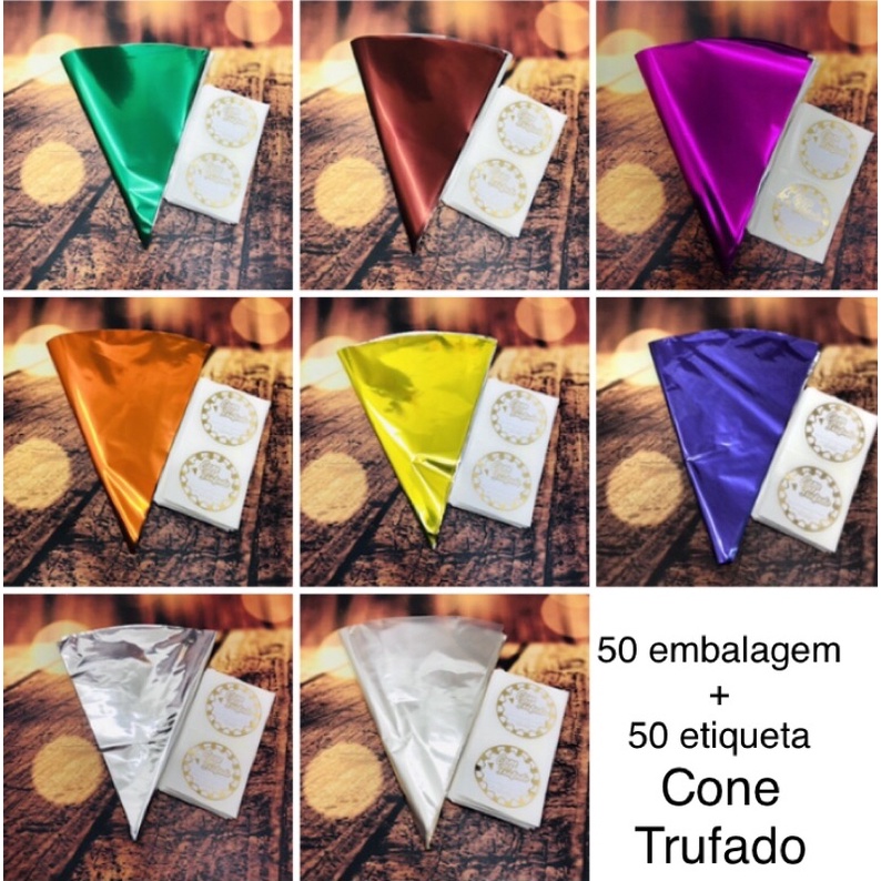 50~250 embalagem CONE trufado + etiquetas CONE embalagem metalizada 16x16 cm várias cores