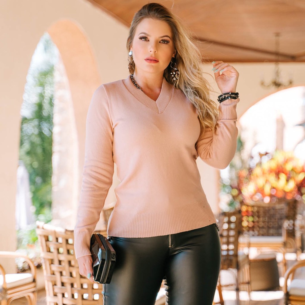 Blusa Básica tricot decote V elastano Moda Feminina Inverno Linha em Oferta na Shopee