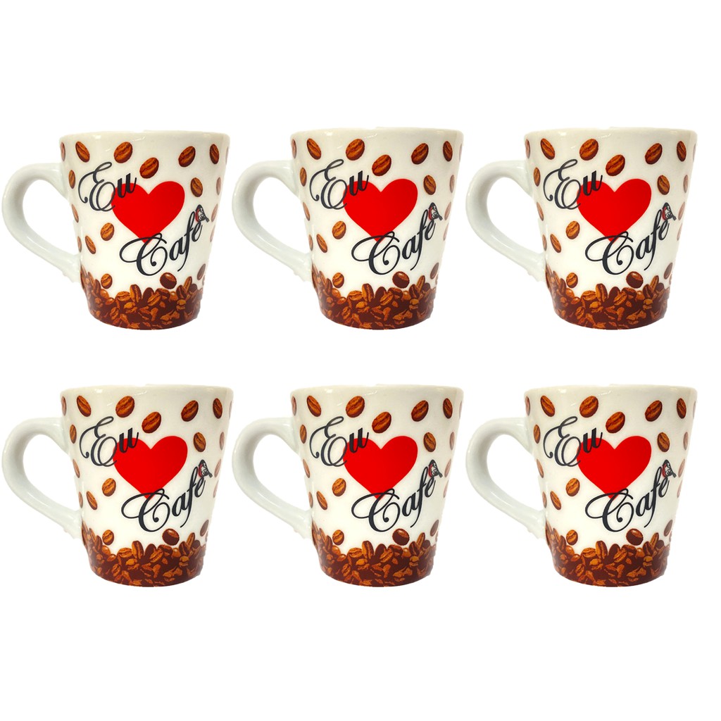 Jogo Xícara Café Chá Porcelana 6 Peças 110ml Promoção Caneca Eu Amo Café em Oferta na Shopee