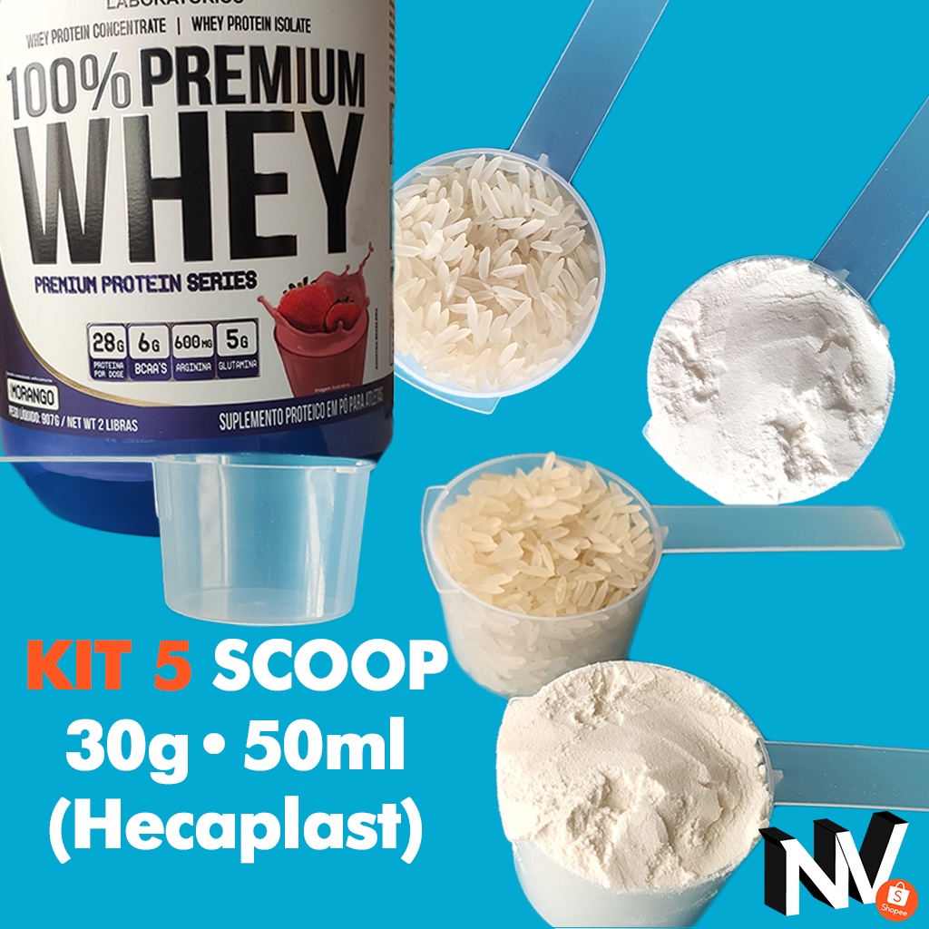 Kit 5 Medidor Scoop para Whey Protein Plástico Colher Precisão Dosador Gramas 50Ml + Brinde