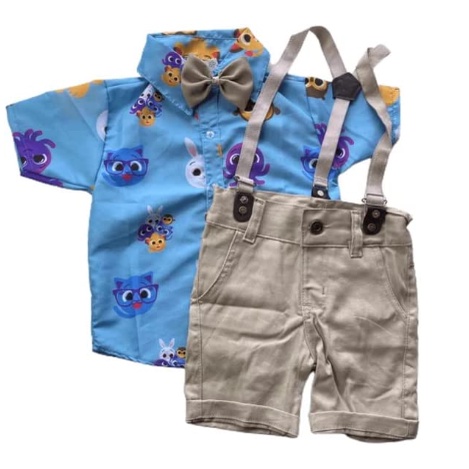 Bolofofo Kit Aniversário, Conjunto 4 peças Camisa, Gravata, Bermuda e Suspensório Mesversário