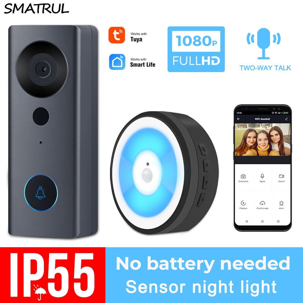 Tuya Smatrul 1080 P Hd Câmera De Vídeo Campainha Wi @ - @ Fi Sem Fio De Casa Inteligente Campainha Da Porta Ao Ar Livre Interfone 2 Way Áudio Led Night Light Usb