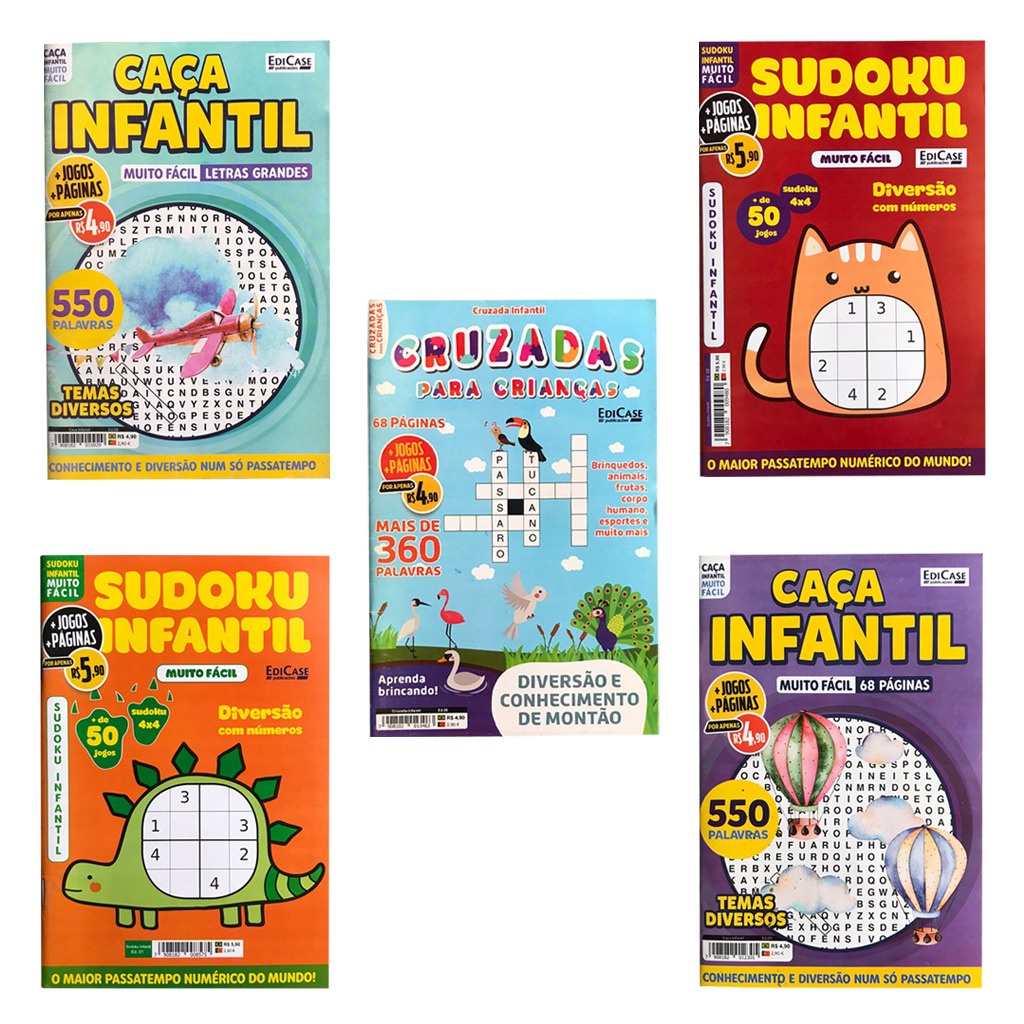 Kit 5 Revistas Infantis Sudoku Infantil Caça Palavras Cruzadinhas Palavras Cruzadas