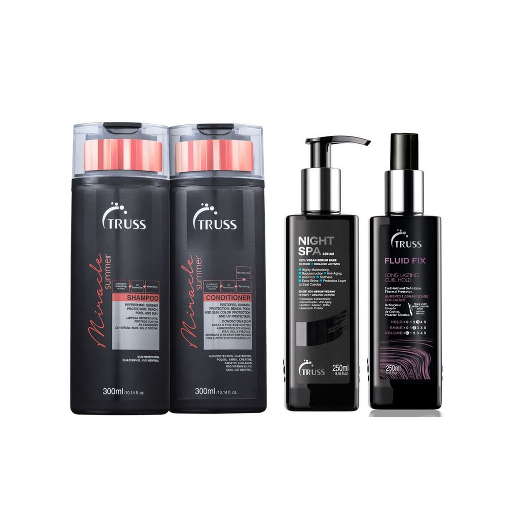 Truss Miracle Summer Shampoo e Condicionador e Night Spa e Fluid Fix