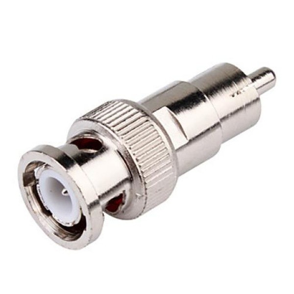 Conector BNC Macho x RCA Macho. Conector todo em metal. Próprio para cabos coaxiais (RG6, RG59 ou 4mm). Pino fixo metálico.
