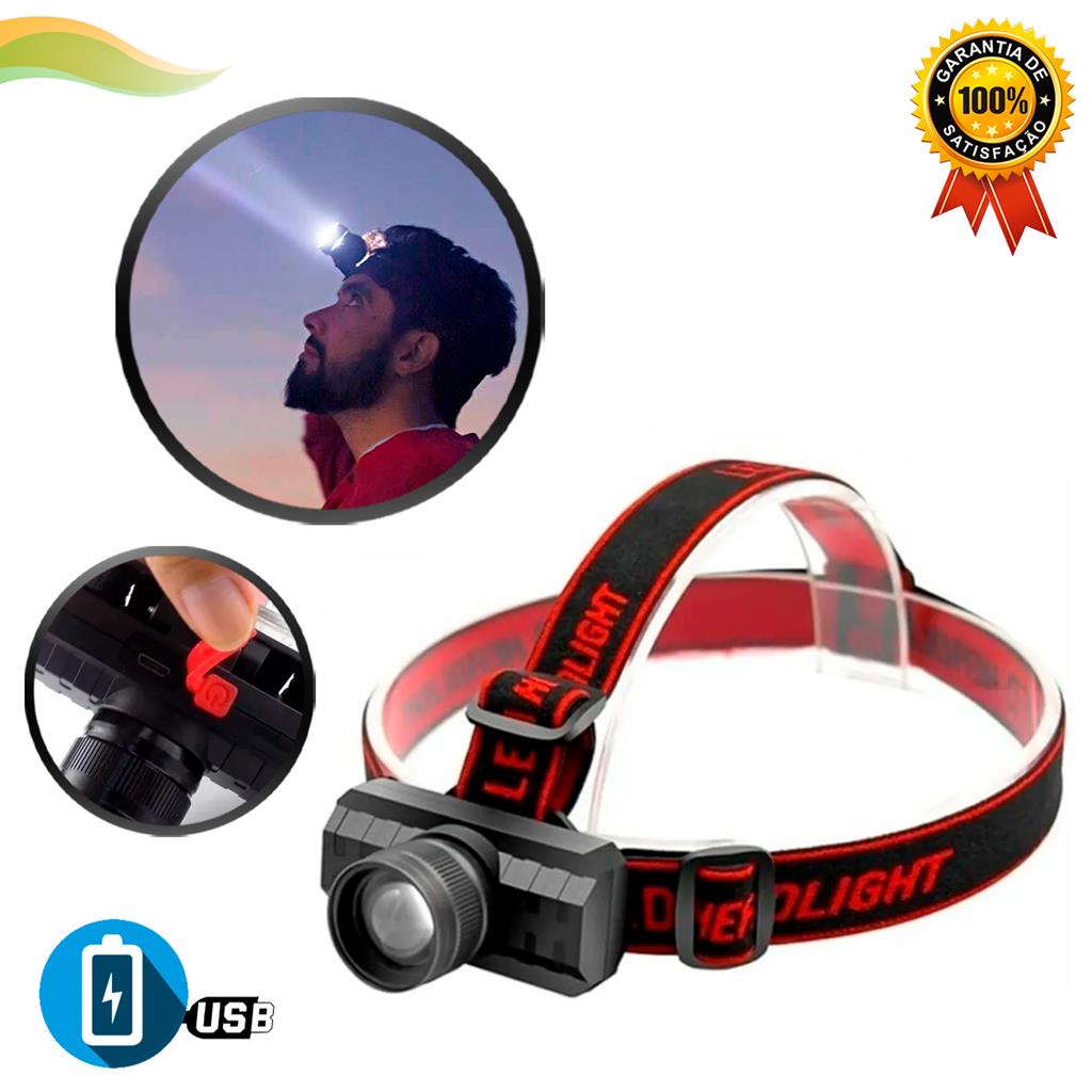Lanterna de Cabeca Led  Recarregavel Com ajuste de foco pesca camping profissional em Oferta na Shopee