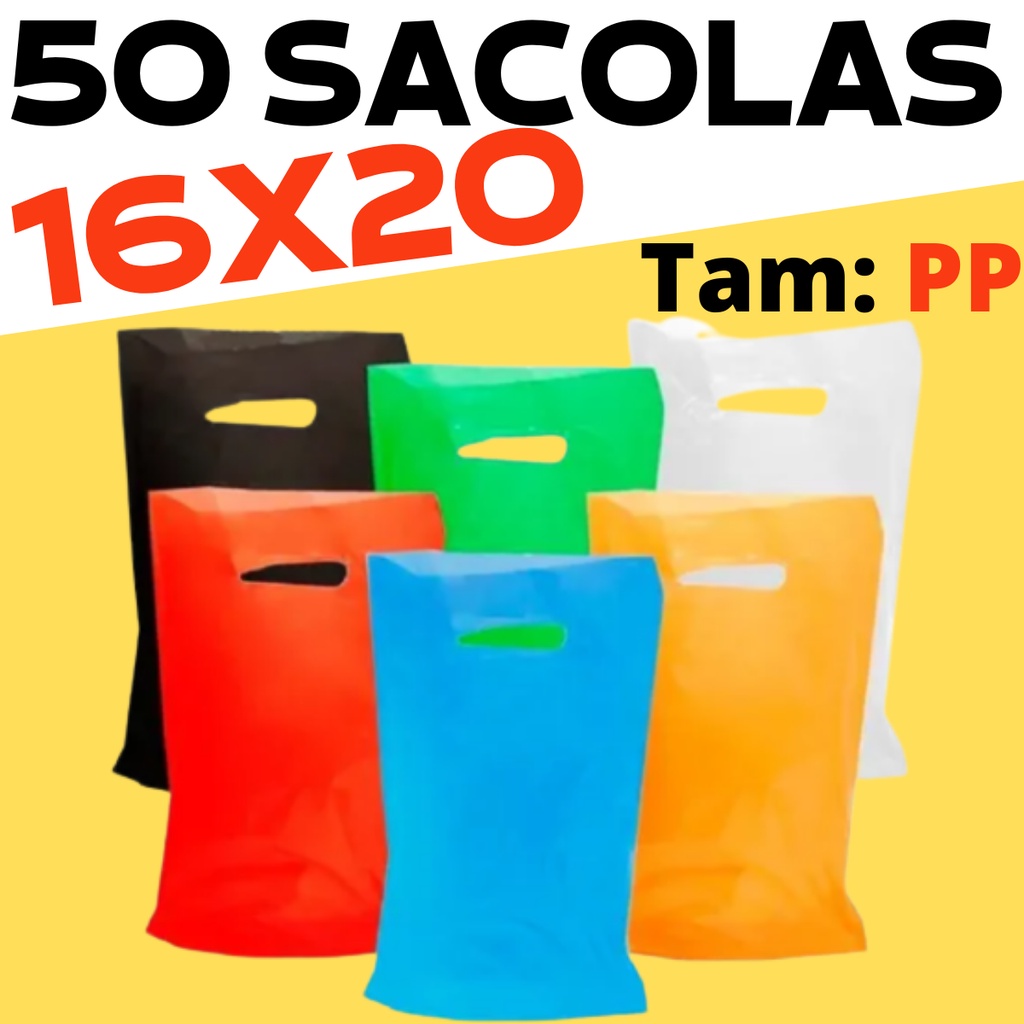 50UN Sacolas Plásticas 16x20 Alça Boca De Palhaço Pronta Entrega Várias Cores Tamanho PP em Oferta na Shopee