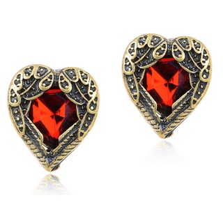 par de Brinco Vintage Luxo Pedra Coração Asa Vermelho Ouro Velho