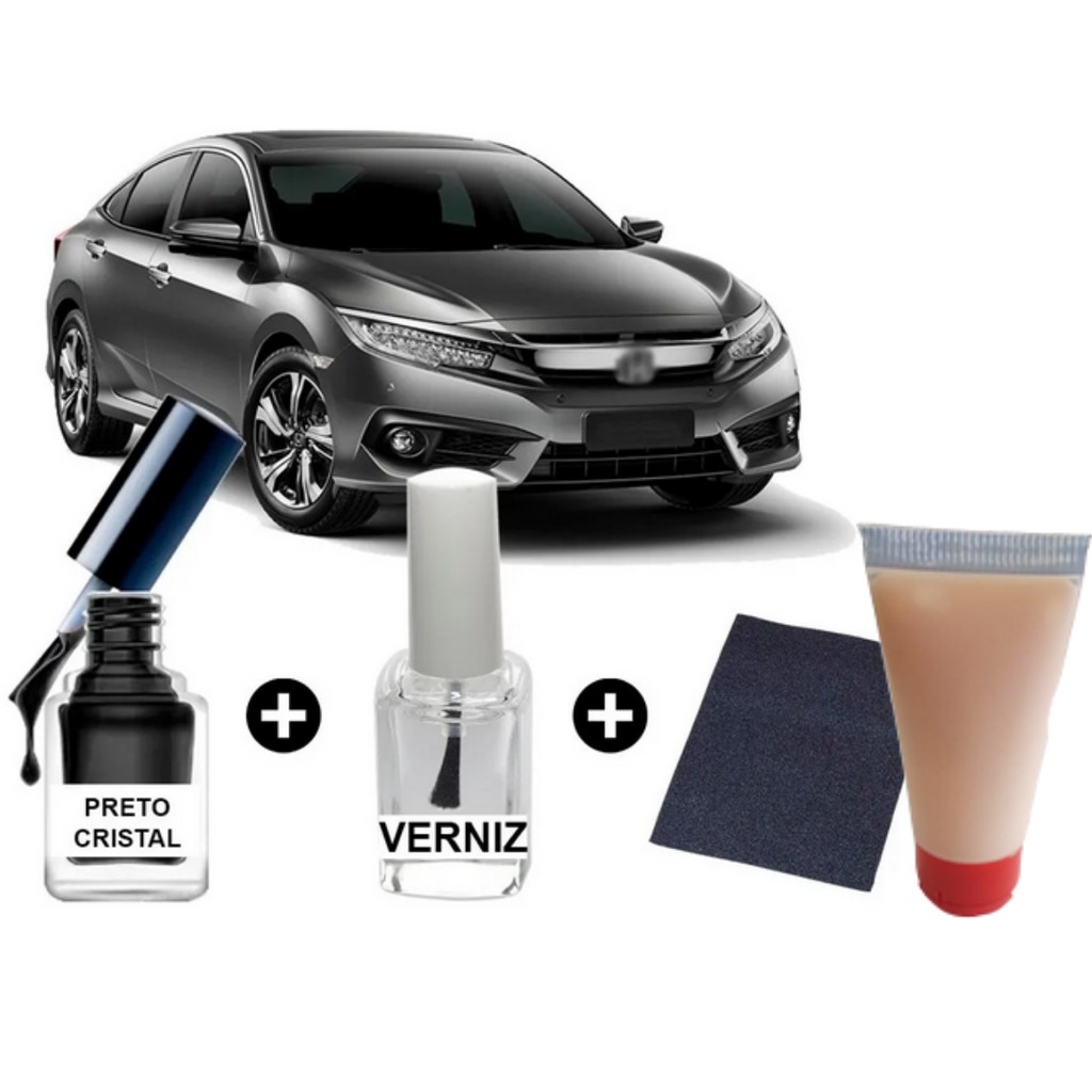 Tinta Tira Risco Automotivo Honda Civic Preto Cristal 10ml  + Cera De Polir 15ml Para Polimento