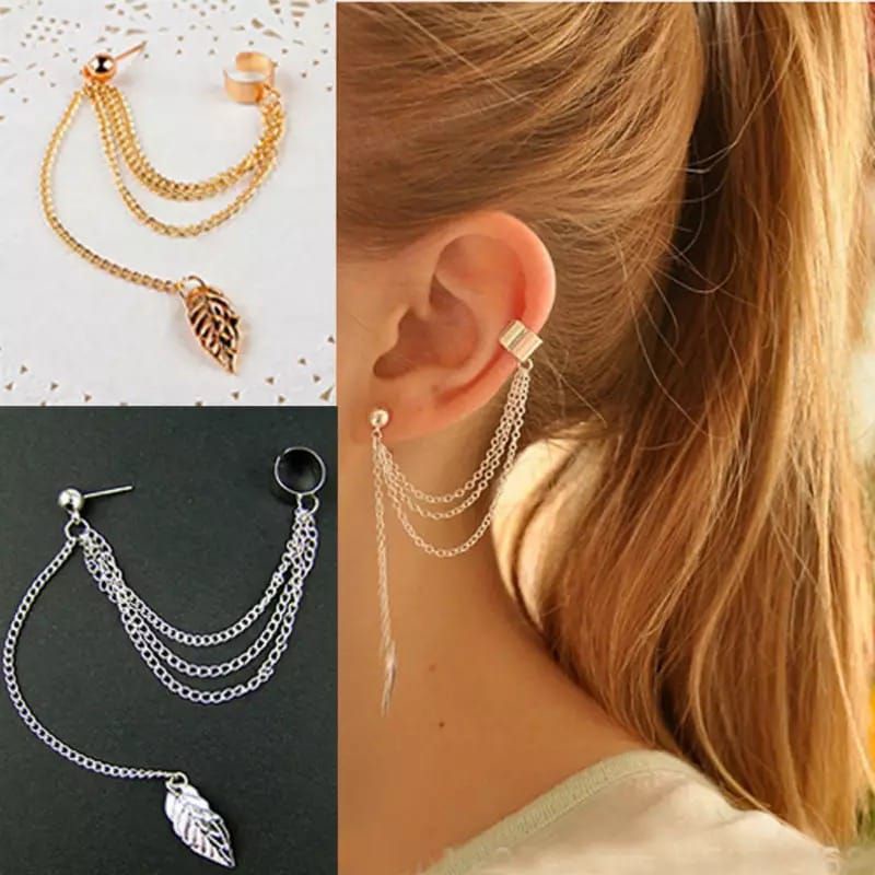 Brinco Ear Cuff Corrente E Folha Multicamada Shopee Brasil