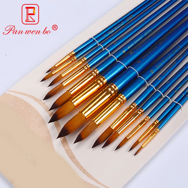Pincel De 12 Peças Cabeça De Tamanho Misto Aquarela Pintura Em Nylon Azul Acrílico Conjunto Papelaria Arte Suprimentos