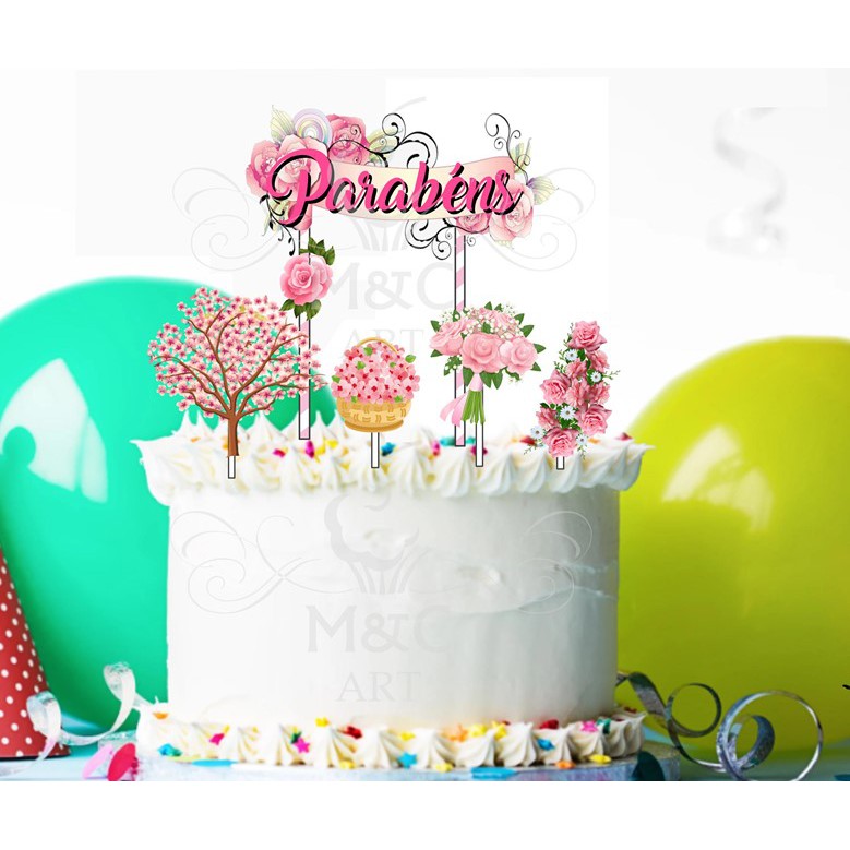 Topo De Bolo Flor Flores Rosa Personalizado Topper | Shopee Brasil
