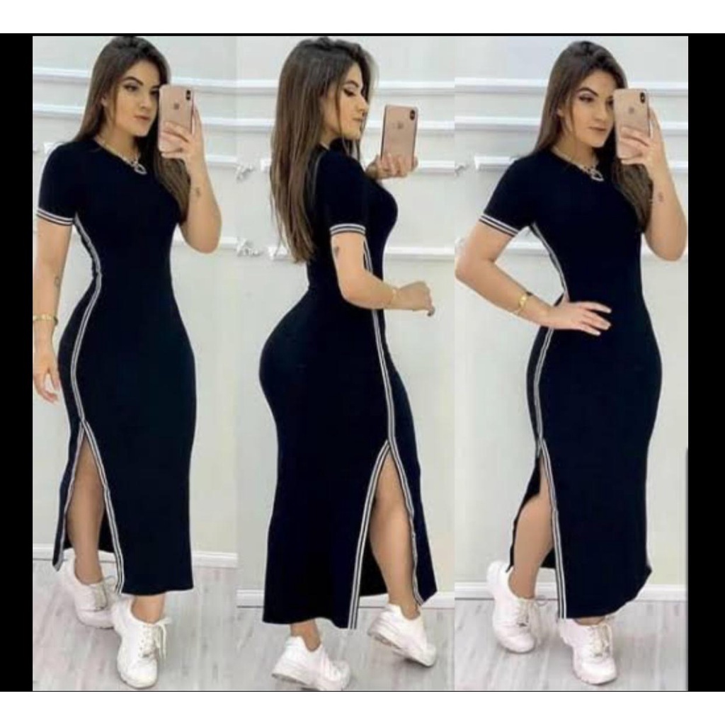 Vestido feminino longo gola rasa manga curta fenda na lateral listra fina confortável em Oferta na Shopee