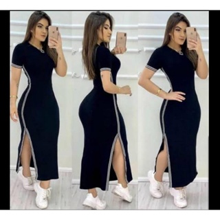 Vestido feminino longo gola rasa manga curta fenda na lateral listra fina confortável em Oferta na Shopee