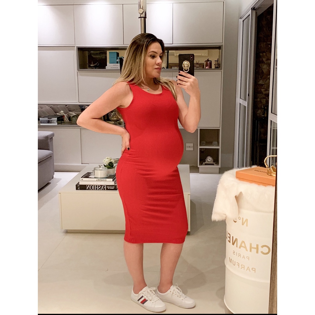 Vestido Midi Canelado Regata para gestante em Oferta na Shopee