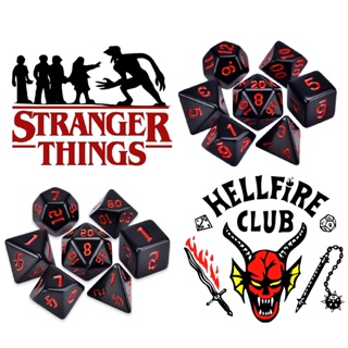 Kit 7 Dados RPG Poliédricos - D&D, Tormenta20, Cthulhu - D4 a D20 - Tema Stranger Things Hellfire em Oferta na Shopee