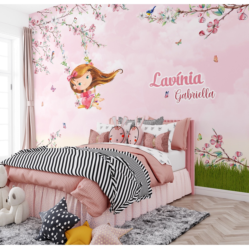 Papel de Parede Infantil Menina no Balanço Jardim Encantado Rosa Quarto de Bebê e Menina