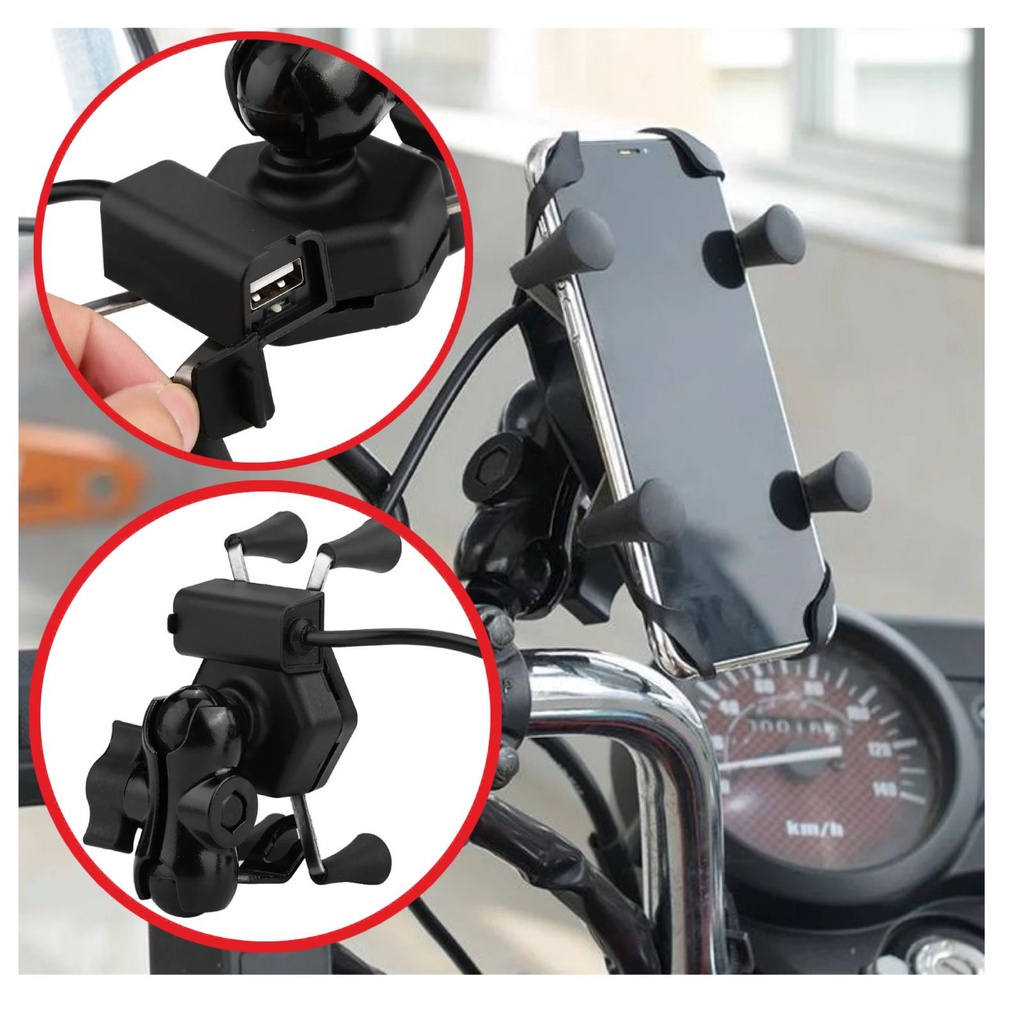 Suporte Celular Universal Garra para Moto Entregador Uber ifood Motoboy Motoqueiro com Carregador Usb Gps Articulado Pinca Aranha Aluminio