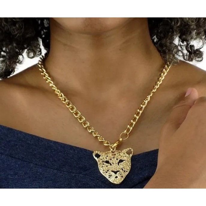 Kit Conjunto Colar Corrente + Brincos Com Pingente Onça Folheado Ouro 18k Elos Tigre Tendência Presente — imagem 2 de 2