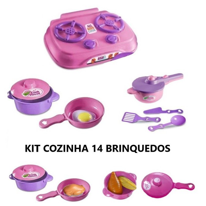 Kit Cozinha Infantil com 14 Brinquedos Fogão, 2 Panelinhas com tampa, 1 frigideira com tampa, 1 Panela de Pressão com 2 acessórios sortidos, 2 frigideira sem tampa, 1 panela com dois legumes sortido, 1 ovo e 1 frango