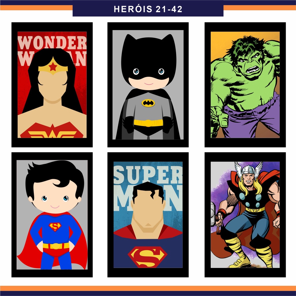 Placa Decorativa Heróis Mulher Maravilha Thor Lanterna Verde - Herói - Decoração de Quarto Infantil Menino Menina - Mini Quadrinho - 21-42