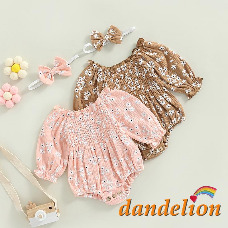 Dandelion-0-24 Meses Baby Girl Romper Roupa , Manga Longa Floral Impresso Macacão Pregueado + Fofo Laço Faixa De Cabeça Menina Bebê Macacão em Oferta na Shopee