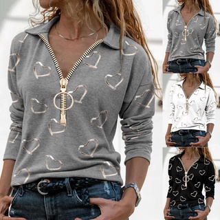 2021 Outono Primavera Mulheres Coração Imprimir Blusas Casual Zipper V Neck Camisa De Algodão De Manga Longa Top Senhoras Elegantes Streetwear