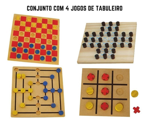 Kit C/ 4 Jogos Tabuleiro Damas Trilha Resta Um Jogo Da Velha