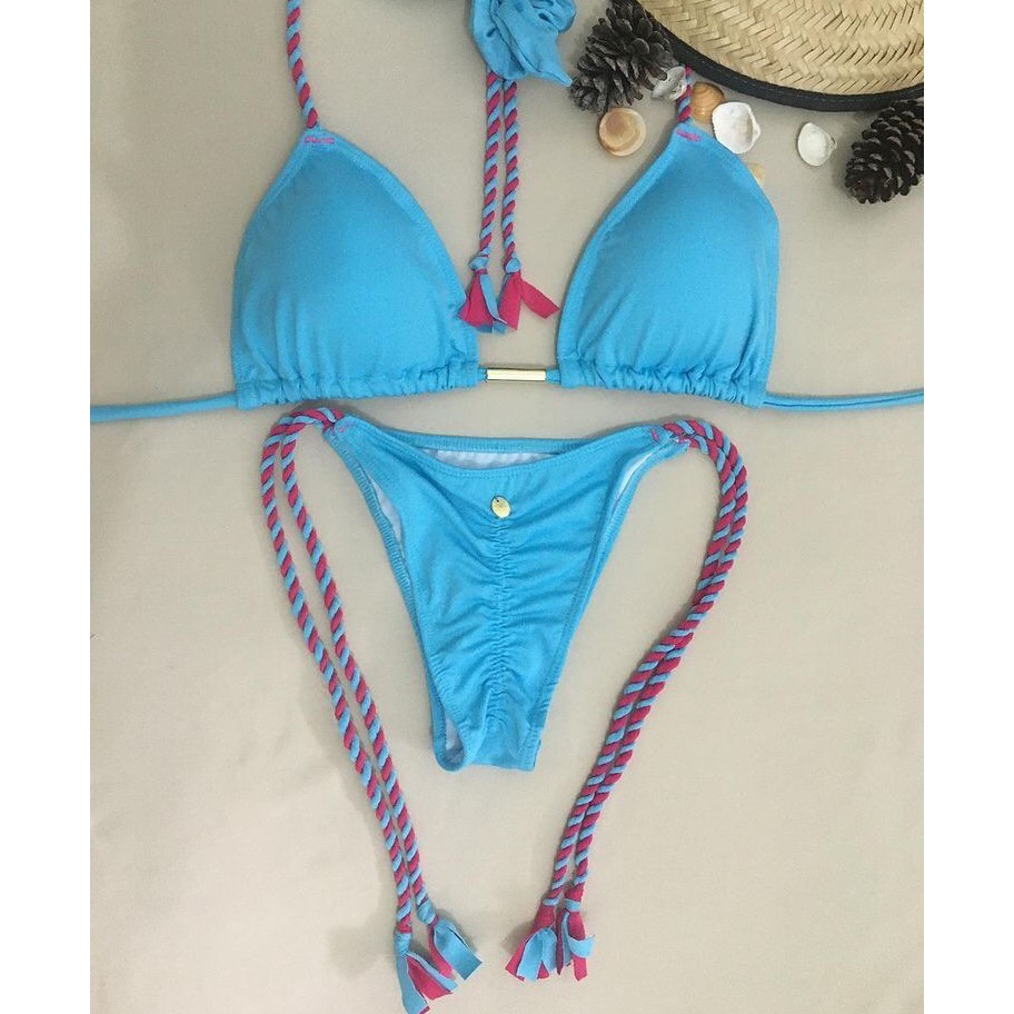 Biquini cortininha bojo removivel, calcinha empina bumbum azul bebe com rosa - calcinha de amarrar