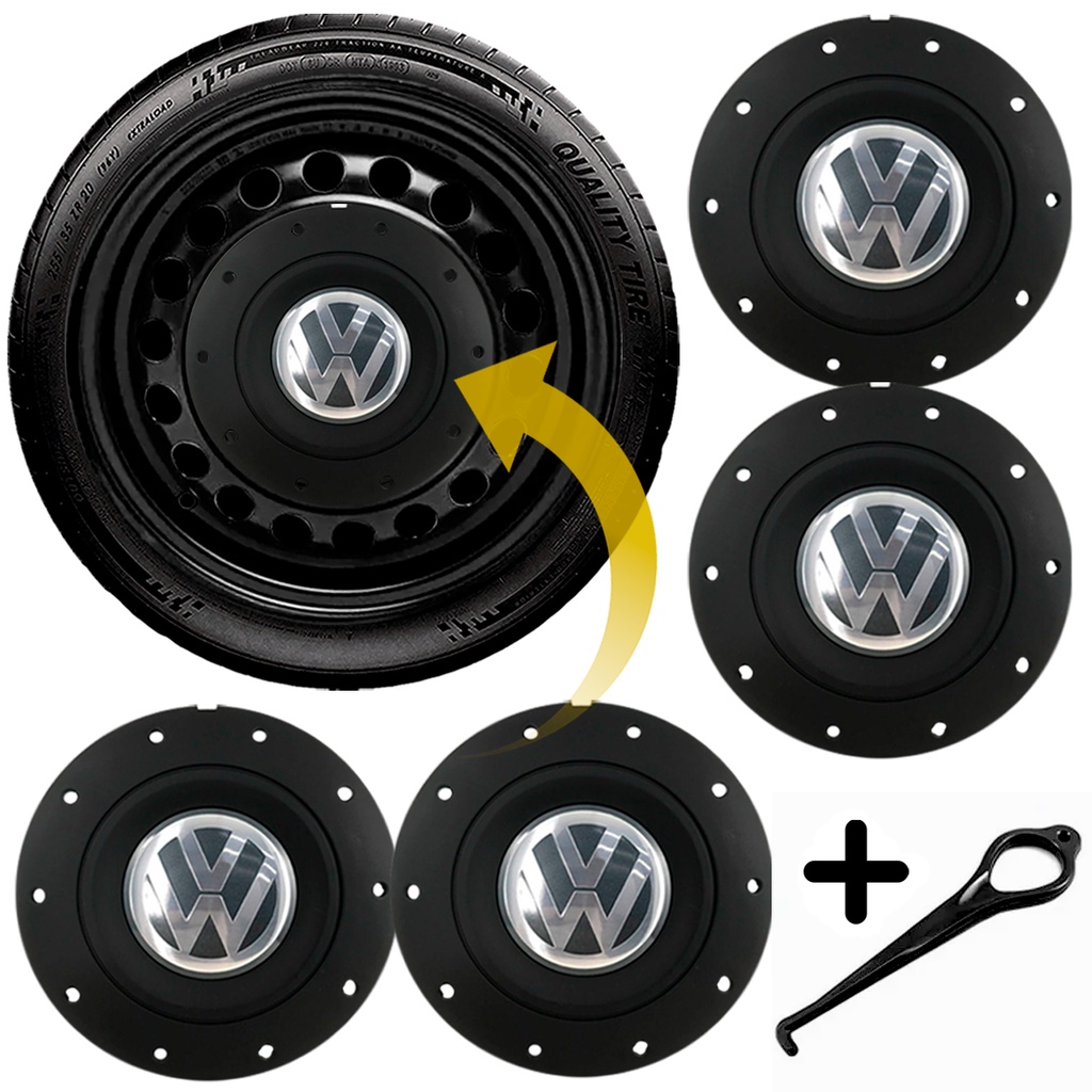 Jogo Calota Centro Roda Vw Amarok Aro 13 14 15 Preta Fosca