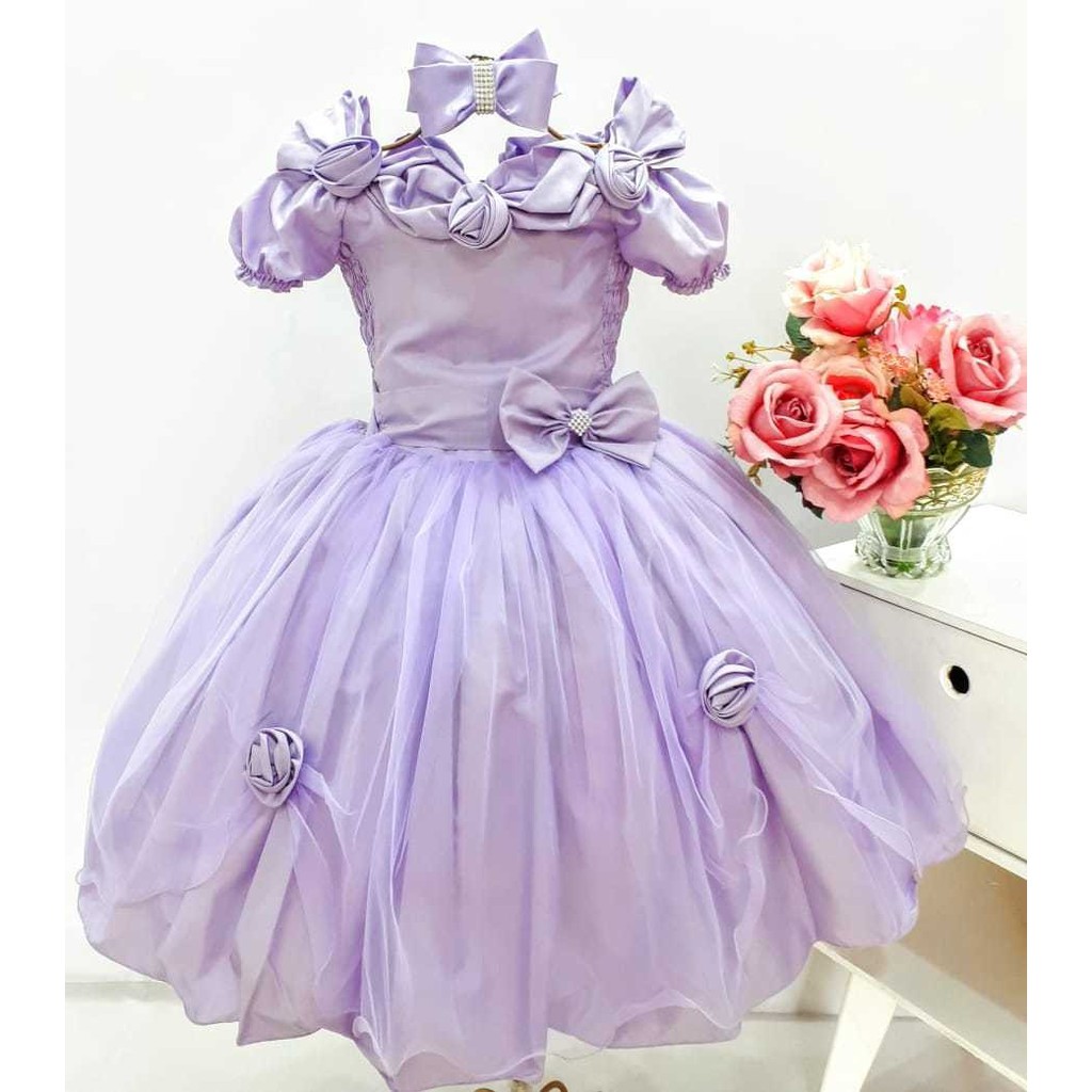 Vestido Infantil Princesa Sofia Lilas Para Festa Aniversário Com Tiara