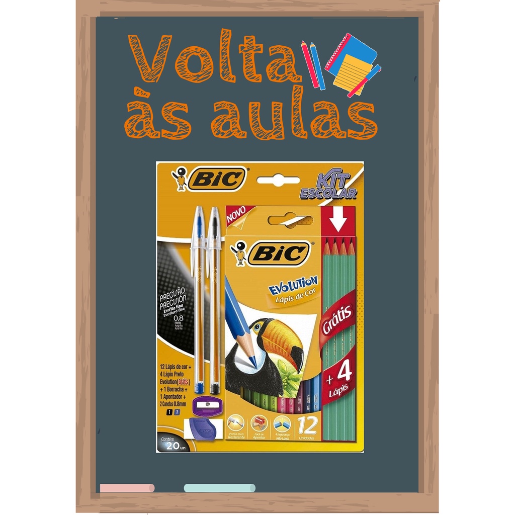Kit Escolar Lápis de Colorir + 1 Borracha + 1 Apontador + 2 Canetas 0,8mm Ponta Fina Precisão Bic Evolution Grátis 4 Lápis Pretos em Oferta na Shopee