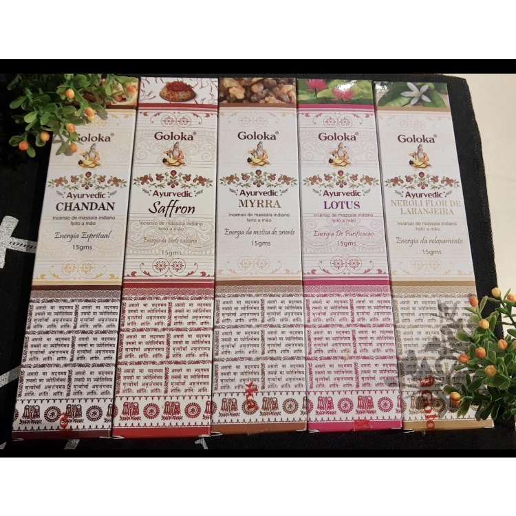 Kit com 5 Incensos de Goloka Massala: Energia Espiritual/ Energia da Sorte e Alegria/ Energia da Mística do Oriente/ Energia de Purificação/ Energia do Relaxamento