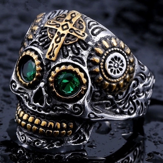 Moda Homem Jóias Punk Rock Grande Retro Esculpindo Cristal Verde Olhos De Anel Do Crânio