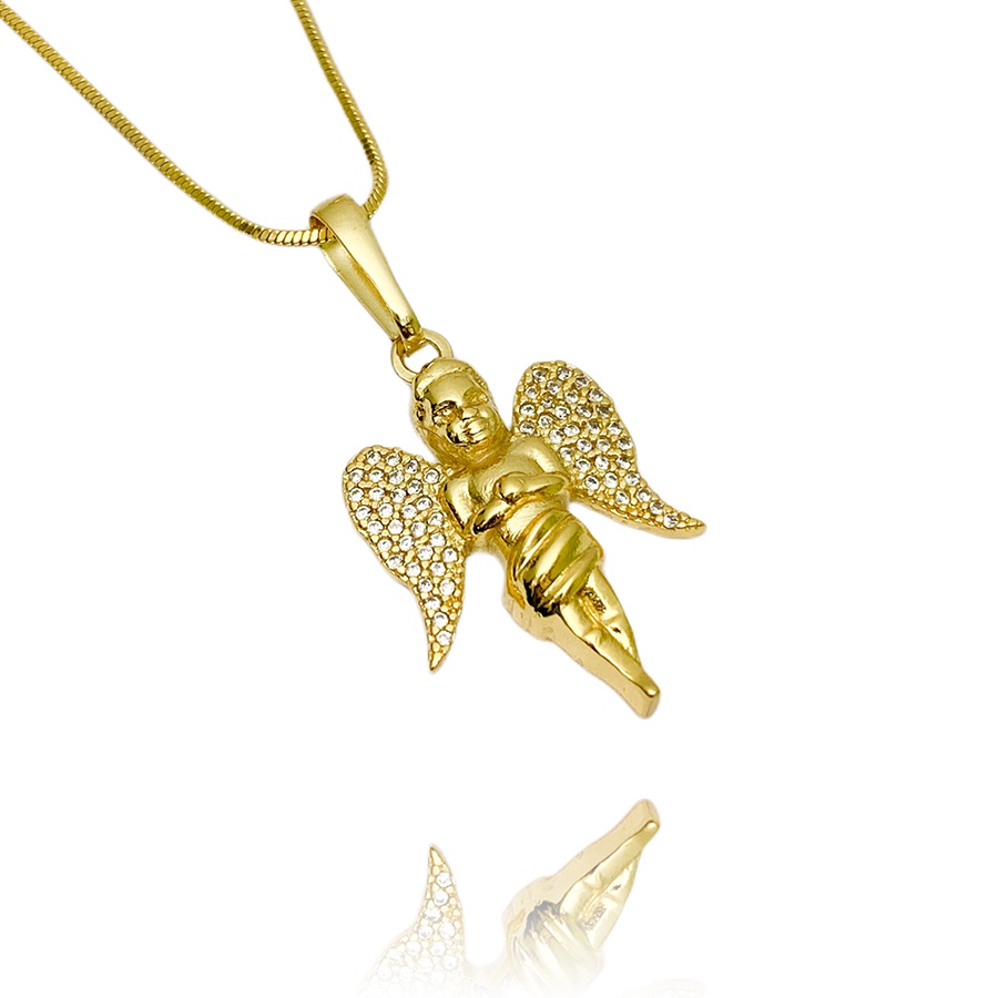 Pingente Masculino de Anjo Cravejado Diamante de Zircônia (Banho de Ouro 24k) Pingente de Ouro Banhado Personalizado