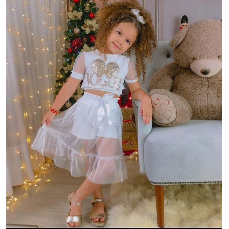 Conjunto Blogueirinha Estilosa Cropped + Shorts Saia em Tule Infantil ...