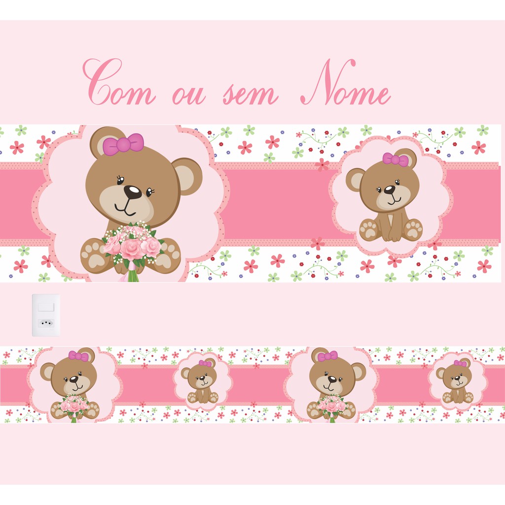 Faixa Adesiva Decorativa de Parede Ursinha Rosa Morena infantil Para Quarto de Menina