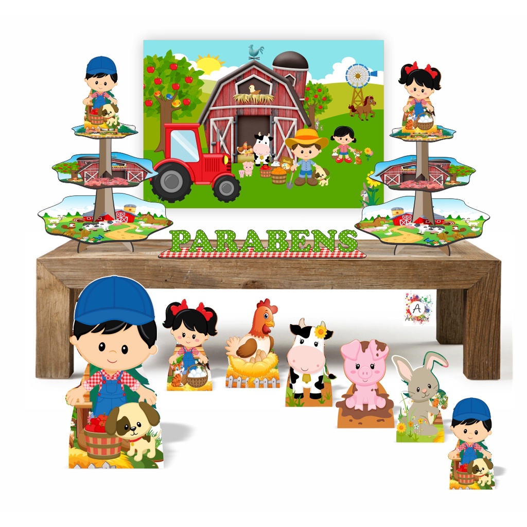 Fazendinha cute Md2 menino kit bronze Painel + Kit baleiro Suporte para doces