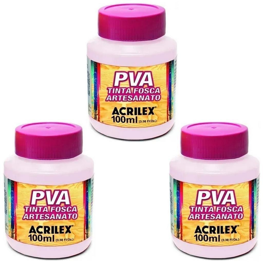 Kit Tinta Fosca Artesanato PVA Rosa Bebê 3x 100ml Acrilex