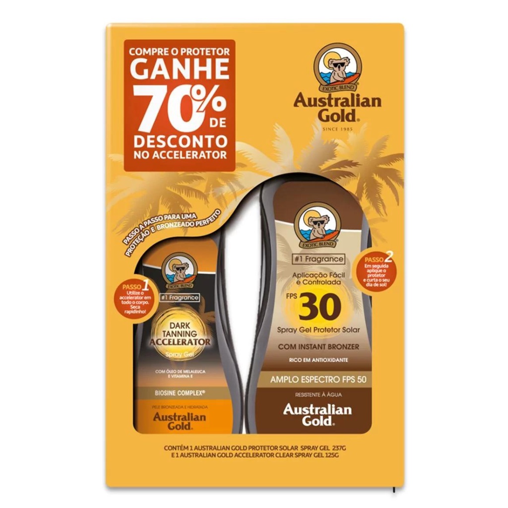 Kit Australian Gold Protetor Solar Fps 30 Spray Gel 237g + Accelerator