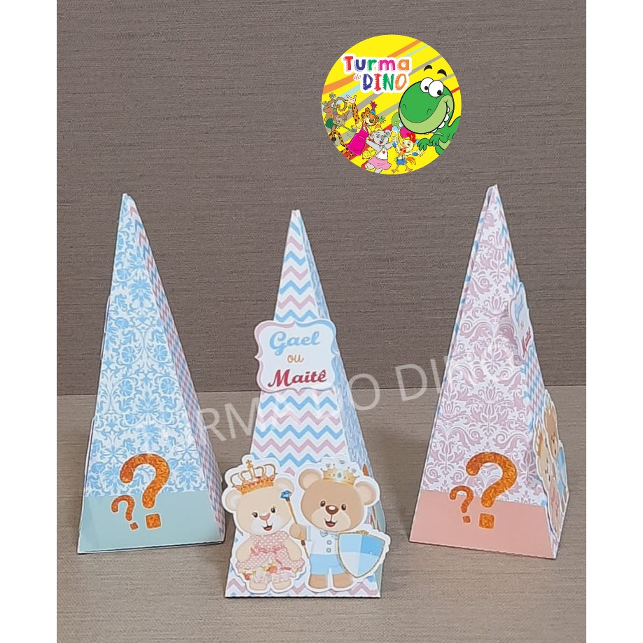 Kit 10 Caixas Cone Triângulo Personalizado Ursinhos Chá Revelação