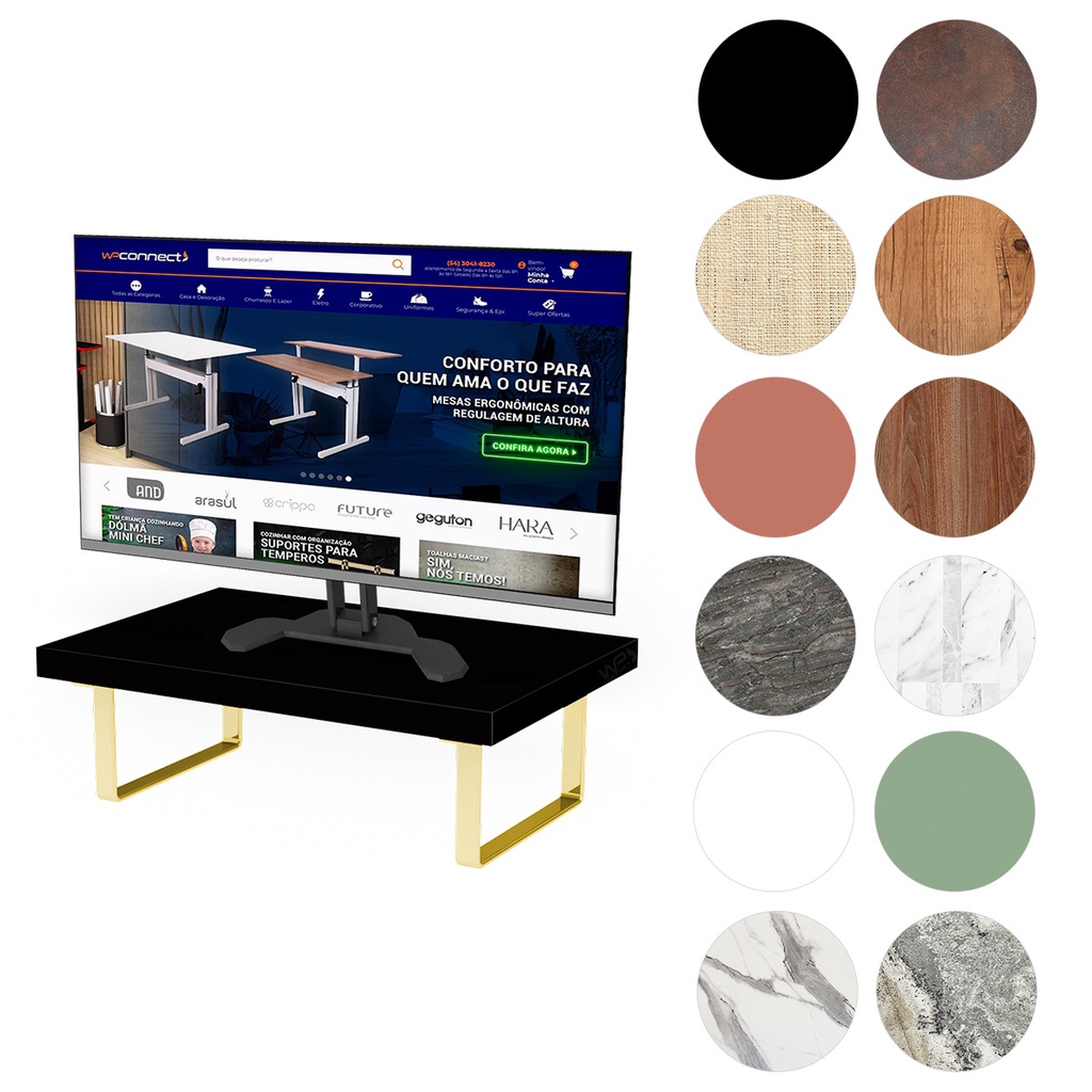 Suporte Ergonômico Para Monitor Aço Piatina Dourado MDF 20x30cm - Wp Connect
