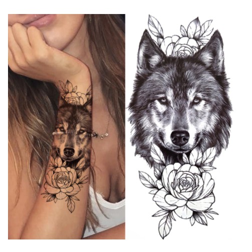 Tatuagem Temporária Feminina Lobo E Rosas Removível – 21×11.5cm – Melhor Preço e Qualidade – Pronta Entrega – XQB-201