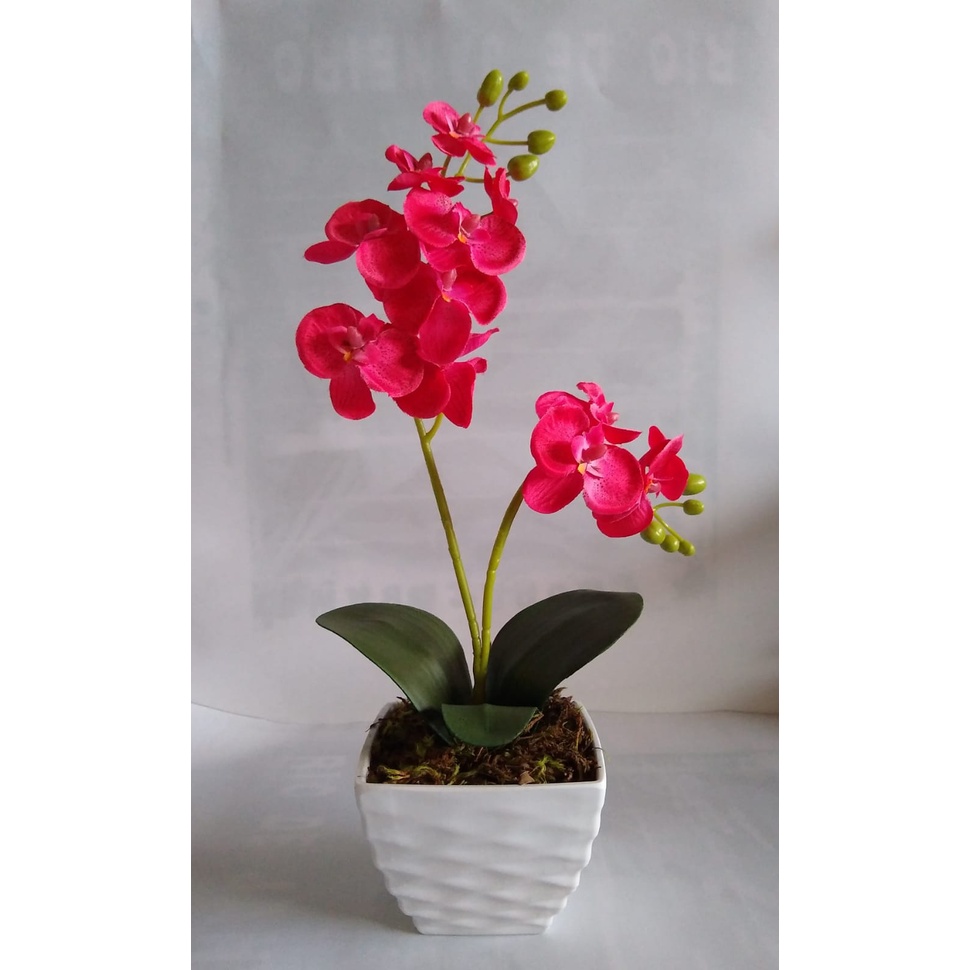 Arranjo Artificial De Orquidea Pink Permanente No Vaso Plastico Branco